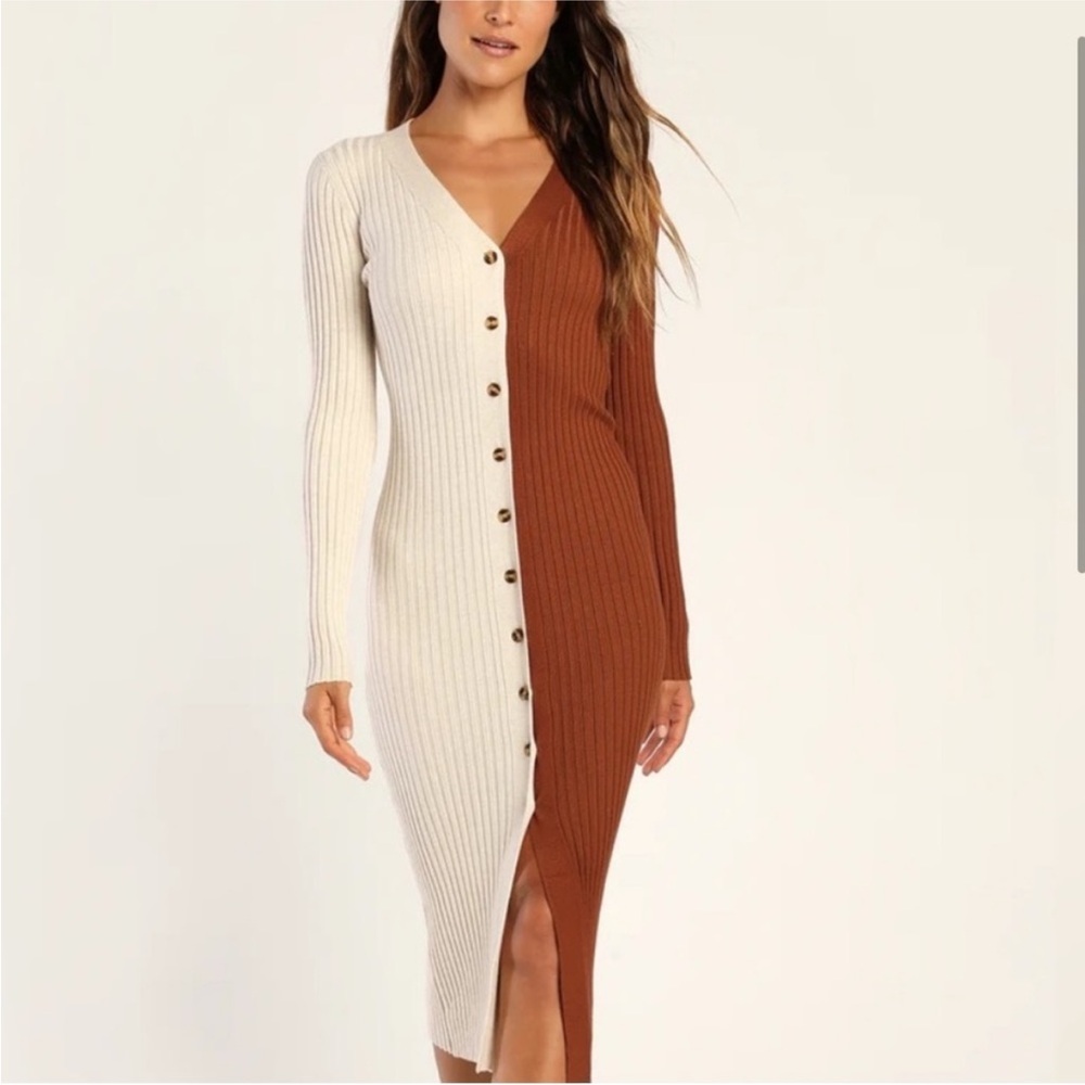 Lulu's Cream and Brown Long Sleeve Dress